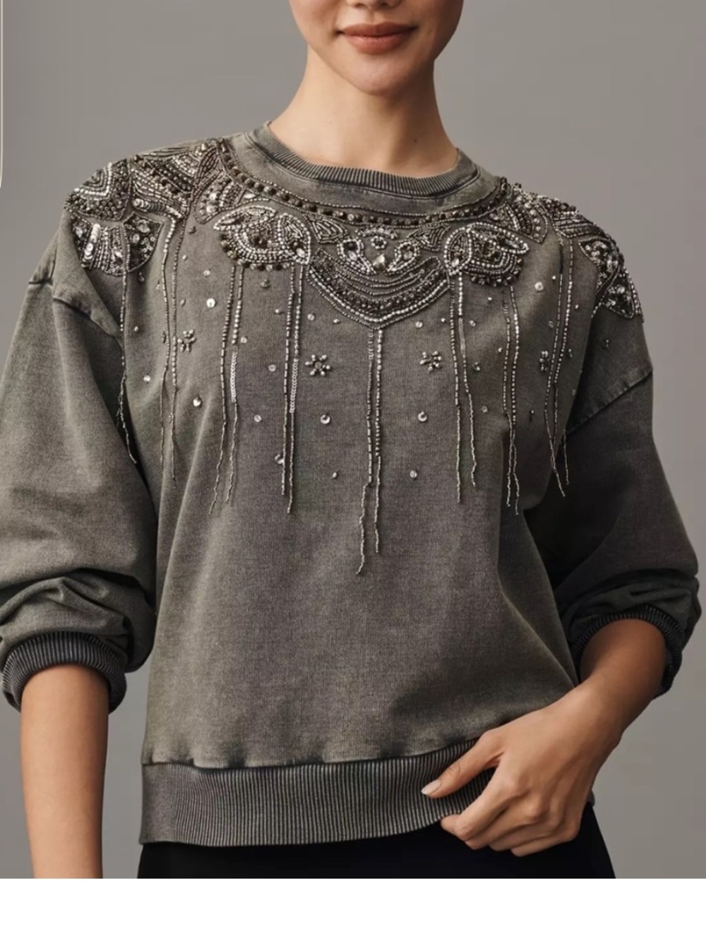 Pilcro by Anthropologie Embellished Grey Beaded Crewneck Sweatshirt